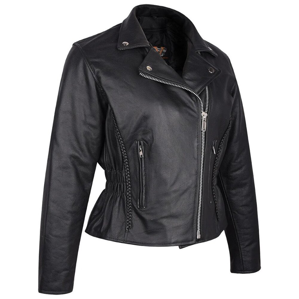 Vance Black Leather Premium Cowhide Braid Motorcycle Jacket - Woman's Size L - Picture 2 of 15